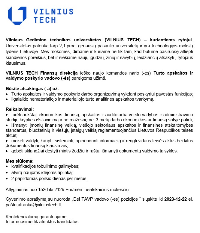Turto apskaitos ir valdymo poskyrio vadovas (-ė)